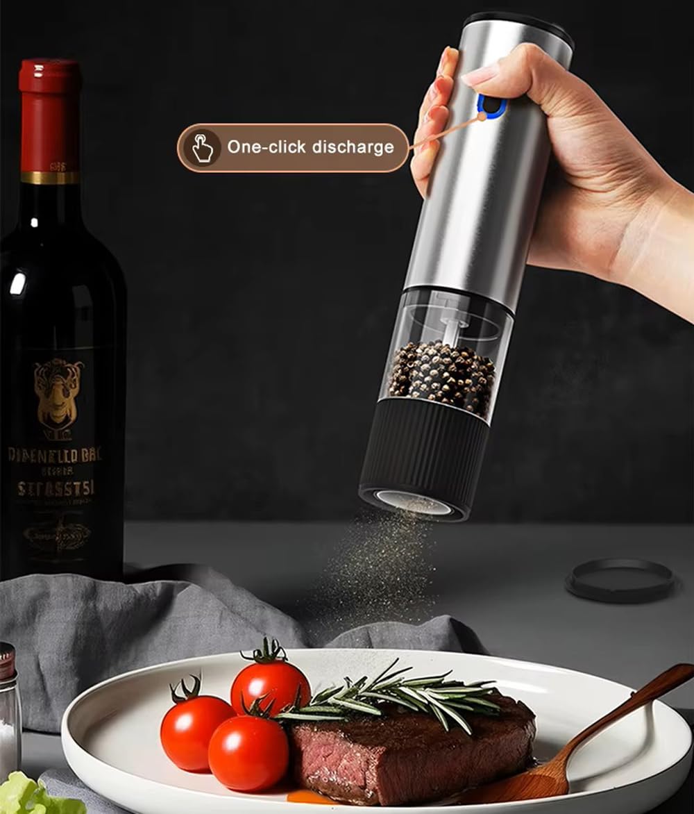Electric Salt and Pepper Grinder, USB Rechargeable with Ceramic Grinding Mechanism, Adjustable Coarseness, One-Touch Operation, Stainless Steel and Black