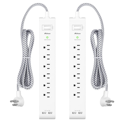 2 Pack Power Strip, 12FT Long Extension Cord, Surge Protector with 6 Outlets and 4 USB Ports (2 USB C), Flat Plug Overload Protection, Extension Cord 10+ ft, Wall Mount for Home Office Dorm College