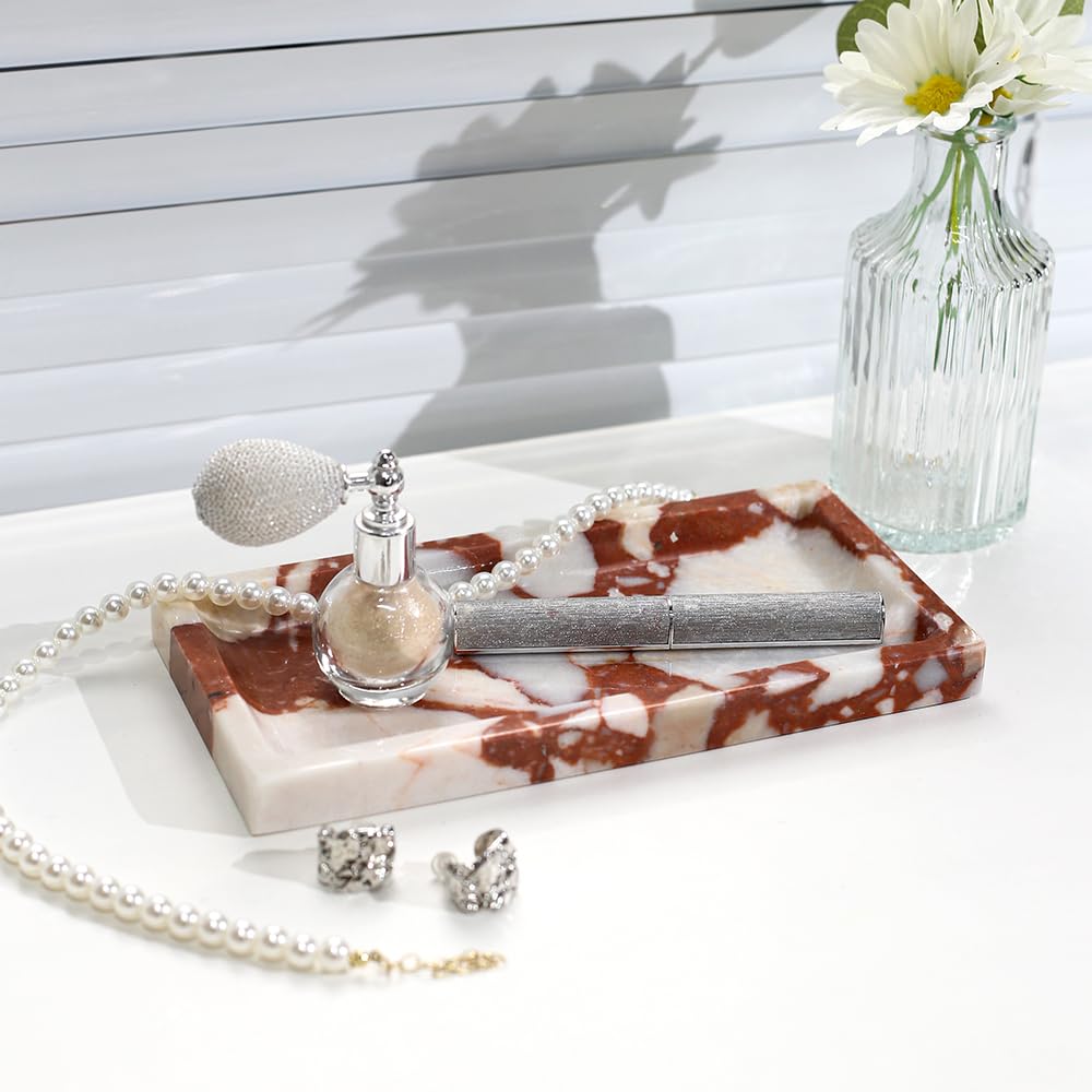 Small Marble Bathroom Tray, Real Marble Vanity Tray, Natural Stone Organizer for Countertop, Mini Marble Organizer for Jewelry Perfume Towel, Non-Resin Non-Ceramic (Calacatta Red 7.9" x 3.9" x 0.7")