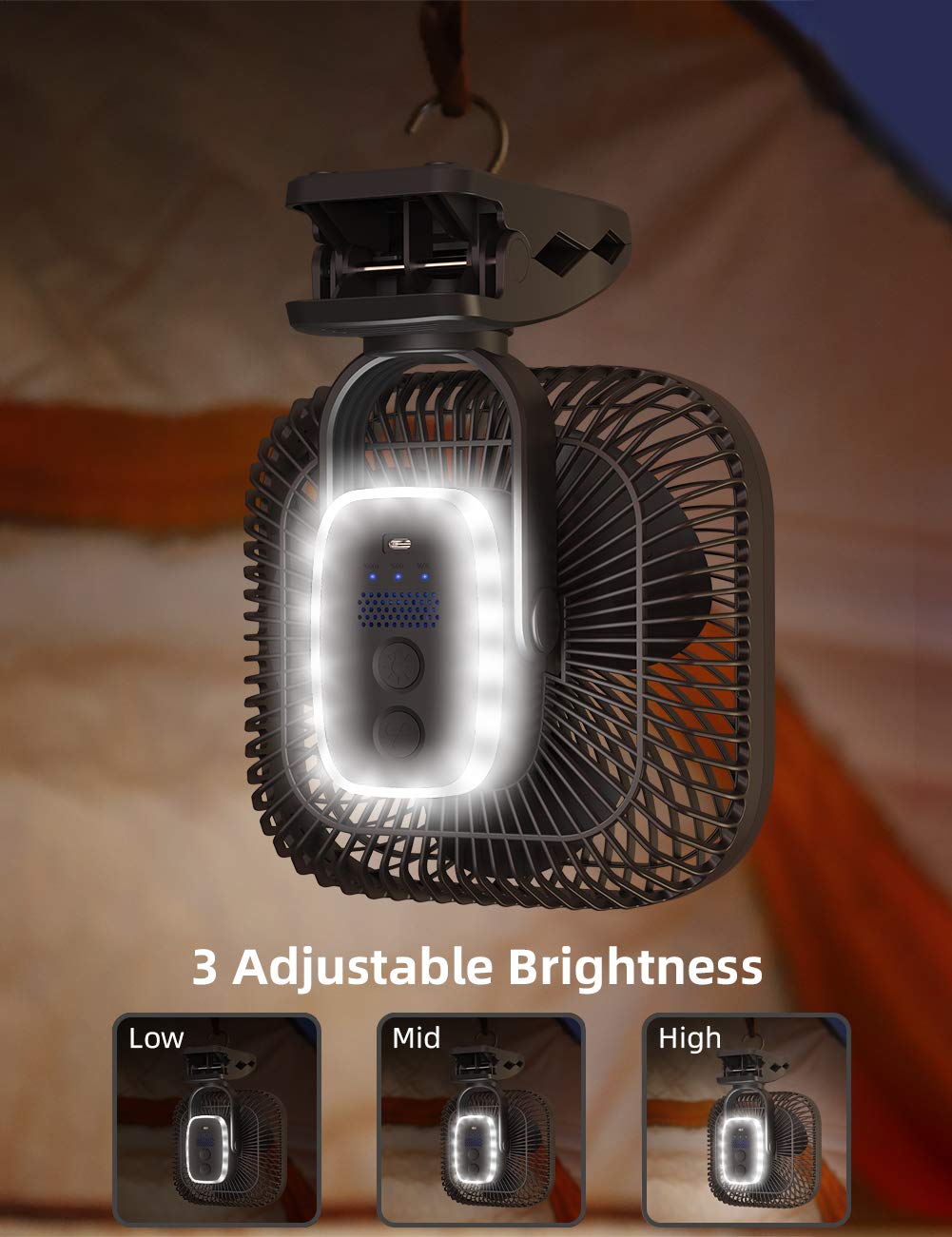 SLENPET 20000mAh Rechargeable Portable Clip on Fan, Last 78 hrs, 4 Speeds Camping Fan, Battery Operated Desk Fan with Light & Hook, 8 inch Personal Fan for Outdoor Golf Cart Stroller Camping