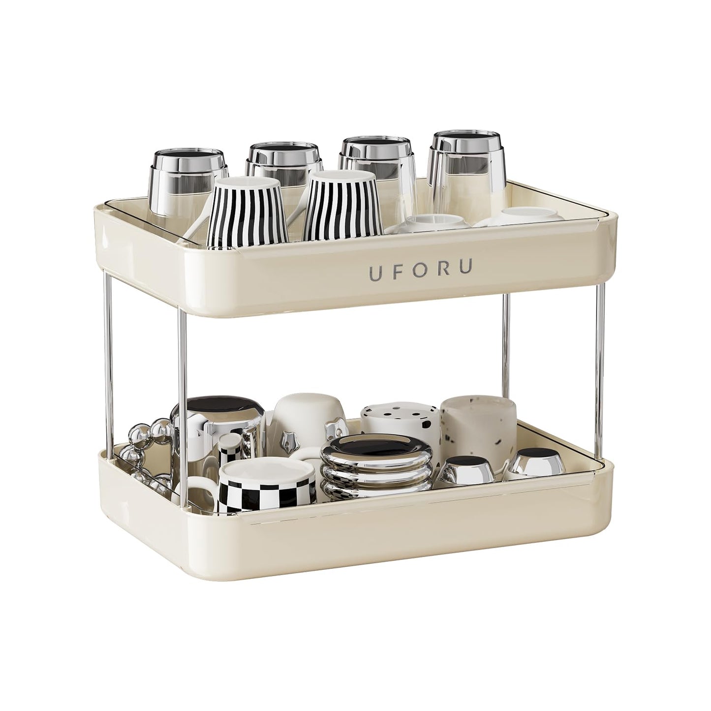 UFORU Countertop Coffee Station Organizer, 2 Tier Wine Glass Holder, Mug Shelf with Removable Drain Tray, Spice Rack for Kitchen, Bathroom Countertop Organizer, Cream White