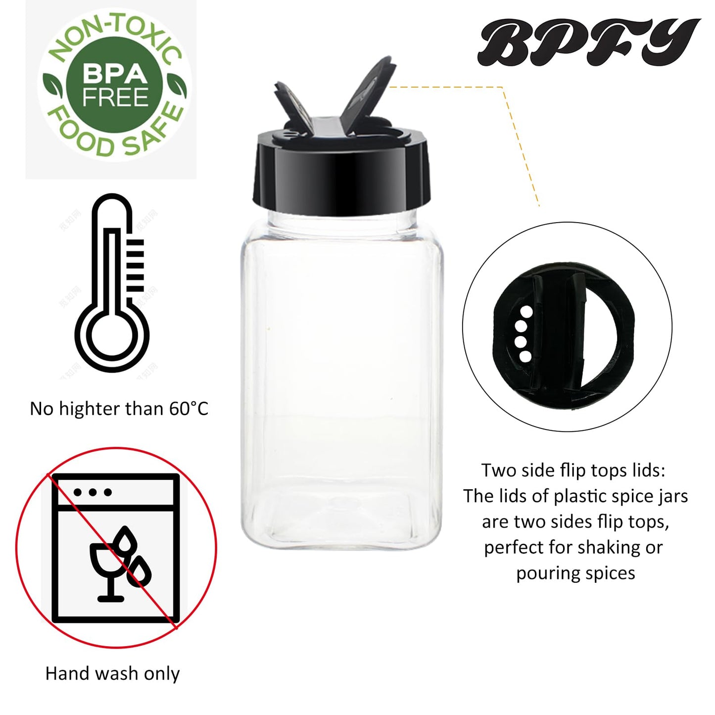 BPFY 24 Pack 4oz Clear Plastic Spice Jars With Black Plastic Lids, Square Spice Bottles, Seasoning Containers with Chalk Labels, Pen, Funnel, Spice Containers For Kitchen Cabinet