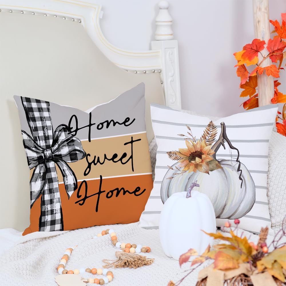 AACORS Fall Pillow Covers 18 x 18 Inch Set of 4, Pumpkin Home Sweet Home Thankful Grateful Blessed Harvest Floral Decorations Autumn Seasonal Pillow Case Decor for Sofa Couch AA557-18