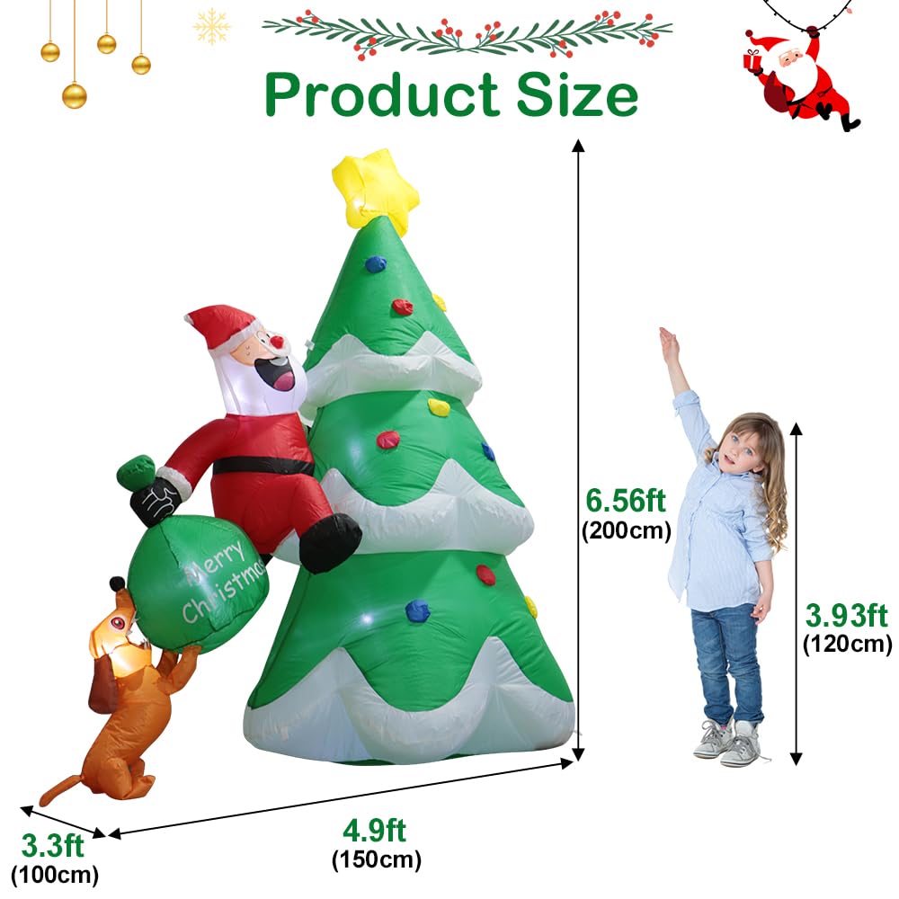 Christmas Inflatable Outdoor Decorations, 6.6FT Christmas Tree,Santa Chased by Dog Inflatable Christmas Blow up Yard Decorations with LED Light Up for Xmas New Year, Winter, Yard Garden Lawn Décor