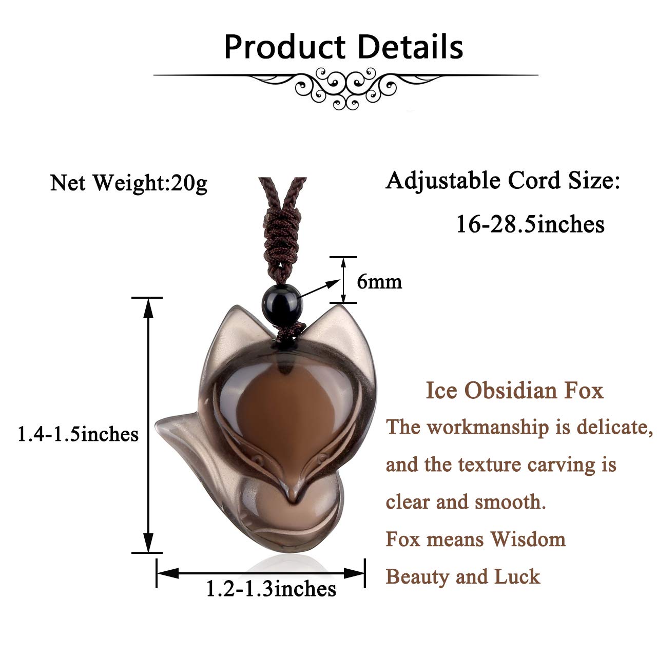 Jovivi Natural Ice Obsidian Fox Crystal Necklace Healing Stones Gemstone Necklaces Pendant Protection Amulet Charm