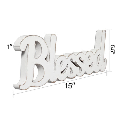 Sintosin Rustic White Wooden Blessed Sign for Tabletop 15 Inch, Wall Hanging Farmhouse Blessed Signs for Home Decor, Handmade Thanksgiving Signs Decor, Christmas Signs for Living Room Entryway