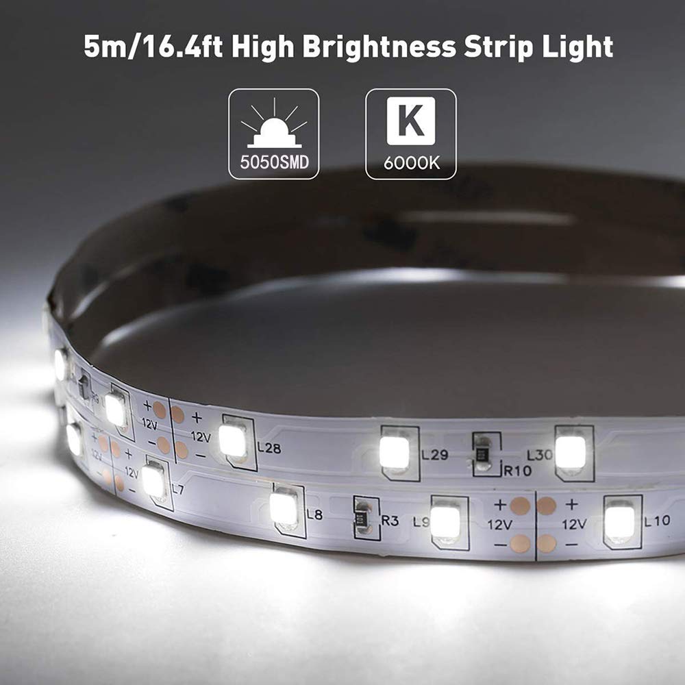 Velain 12V LED Strip Light Daylight White,16.4ft Waterproof Flexible Rope Light, 300LEDs SMD5050 Tape Ribbon Light for Home,Party, Bedroom,12V Power Supply Not Included