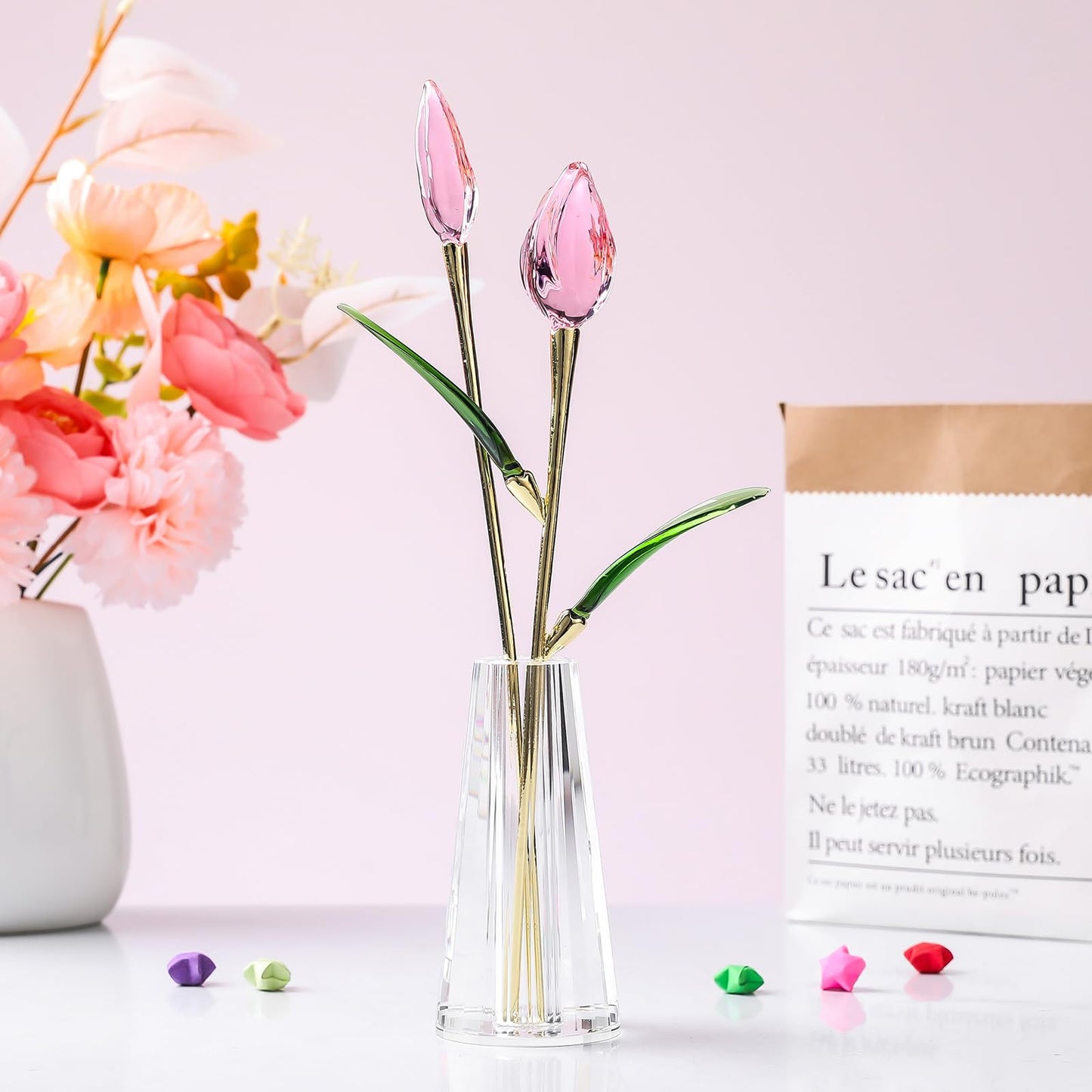 LONGWIN Crystal Tulips Flower Figurine Collectible with Vase Glass Spring Bouquet Flowers with Stem Home Decor Gift for Women Mom