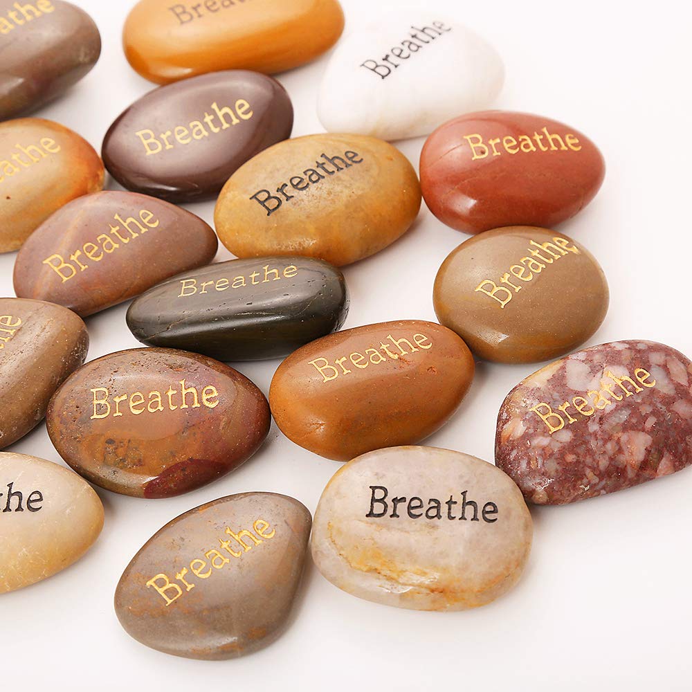 ROCKIMPACT 50PCS Breathe Breathe Stone Engraved Inspirational Stones Bulk Encouragement Motivational Gifts Zen Healing Inspiring Rocks Prayer Word Stones Wholesale Breathe Rock,2"-3" Each