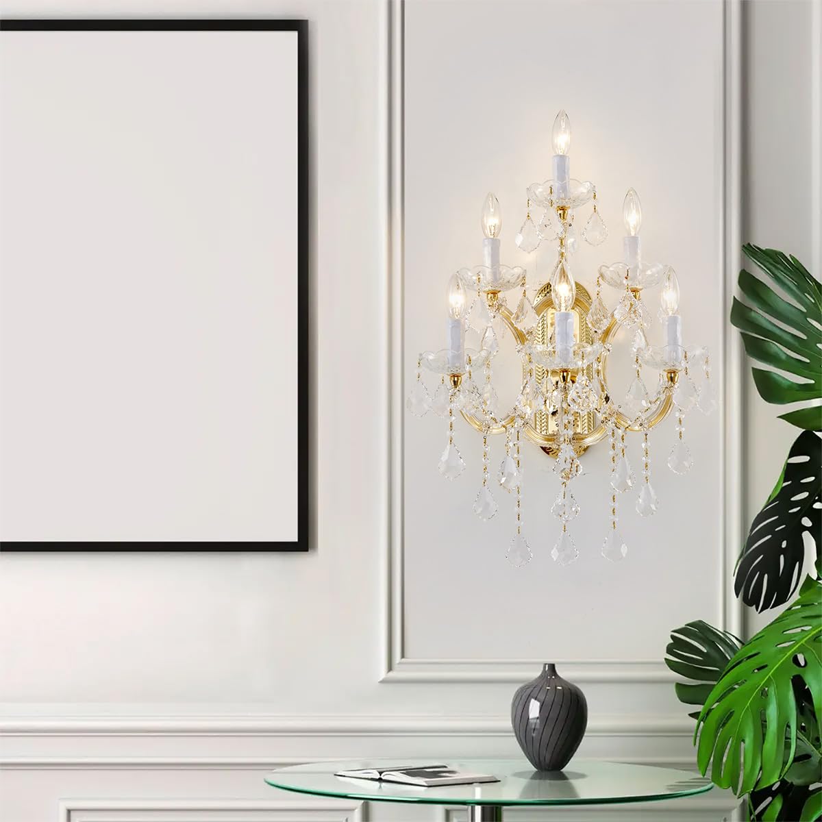 TMAFON Large Modern Crystal Wall Lights - 6 Lights Maria Theresa Wall Lamp Chandelier Light Fixtures, Gold Wall Mounted Sconce for Hotel, Living Room, Hall, Lobby