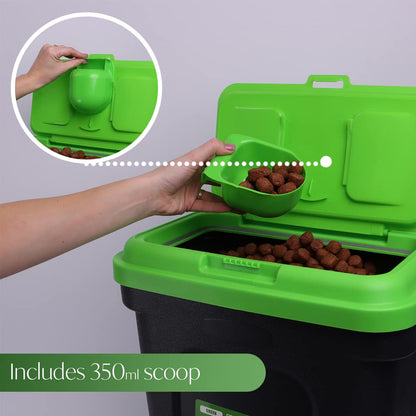 DIVCHI 30L Pet Food Storage Container Flip Top Locking System With Integrated Scoop Plastic Birds Airtight Pet Dog Cat Animal Dry Food 15 KG Dispenser Bin Green