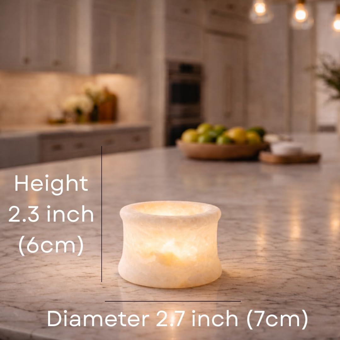 Single White Alabaster Candle Holder - Egyptian Tealight and Votive Candles Holders with Amber Glow for Home Décor - Natural Stone Soothing Tranquil