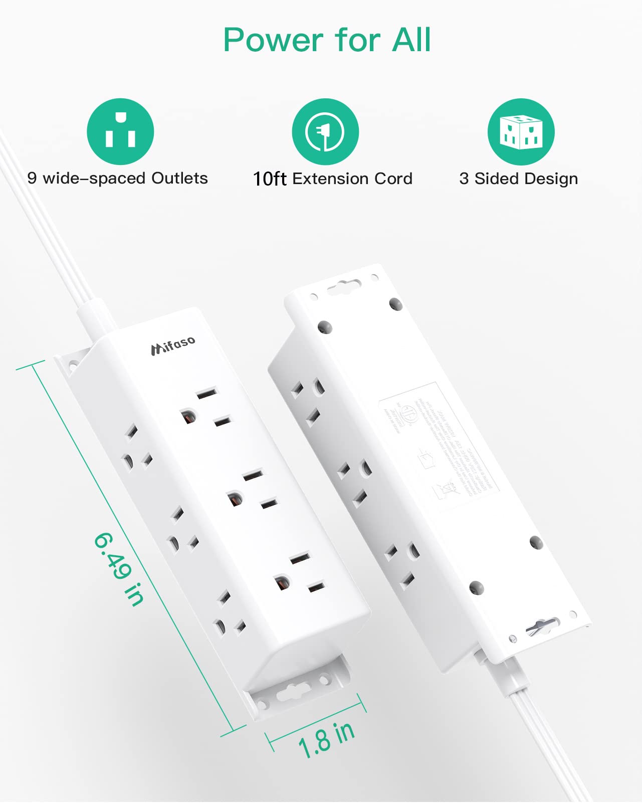 Surge Protector Power Strip - 9 Widely Spaced Multi Outlets, Wall Mount, 3 Side Outlet Extender with Extension Cord, Flat Plug, Overload Protection, Home Office Dorm Room Essentials (5FT, White)