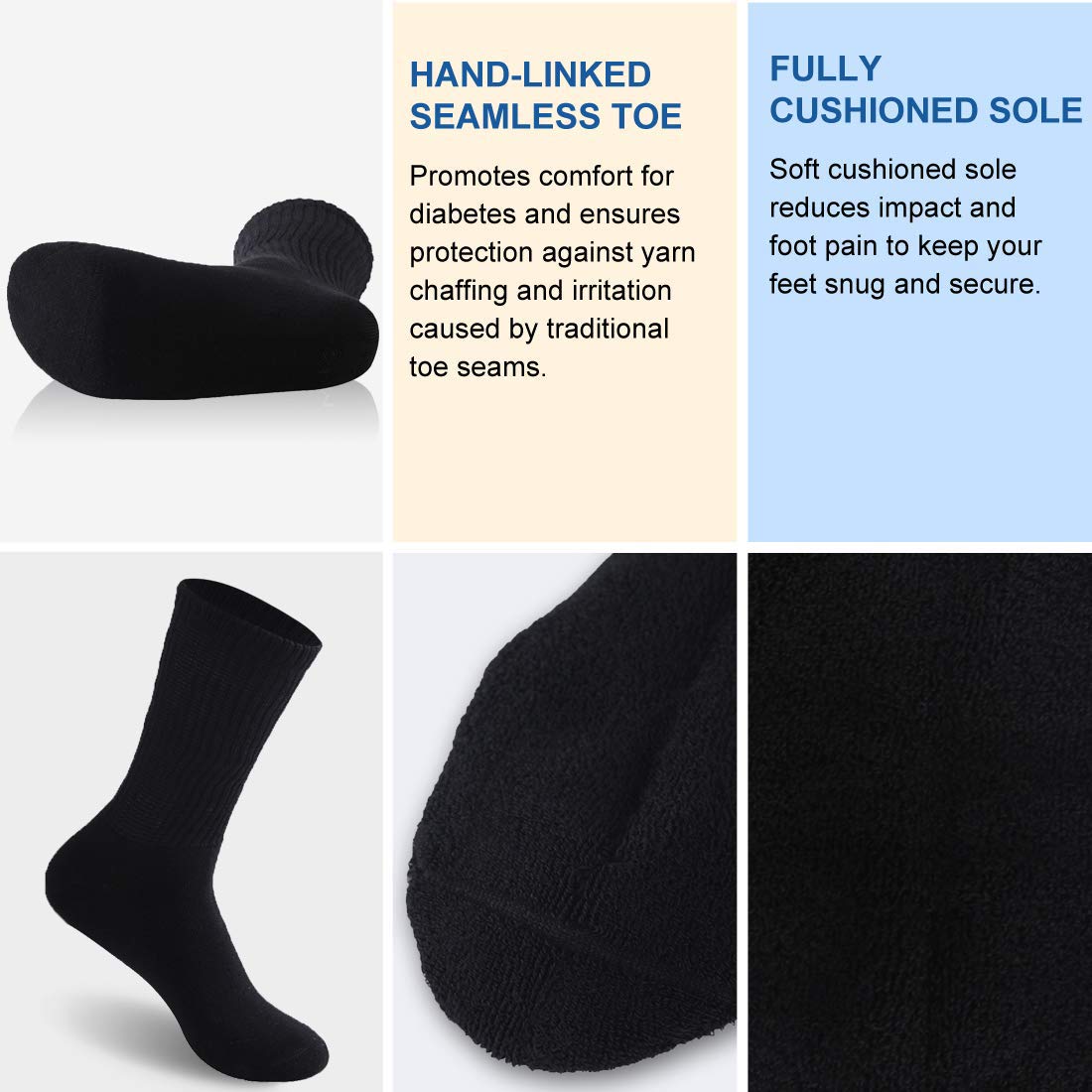 6 Pack Women Cotton Diabetic Non Elastic Loose Socks Gentle Grip Wide Top Ladies Diabetic Socks for Poor Circulation Non-Binding Seamless Soft Top Socks Hosiery Size 4-7 (Black - 6 Pairs)