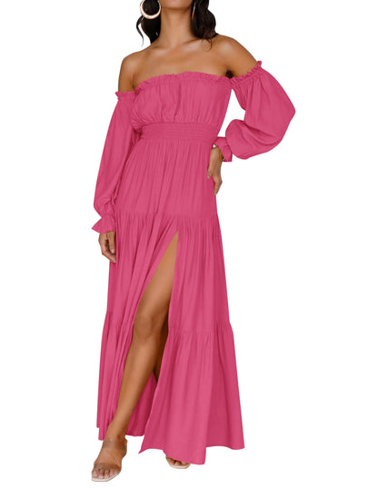ZESICA Women's 2025 Boho Sexy Off Shoulder Long Sleeve Smocked High Waist Side Split Flowy A Line Tiered Long Maxi Dress