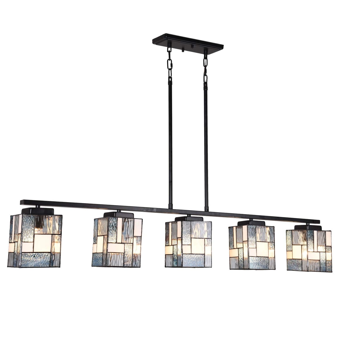 ARTZONE Tiffany Pendant Light Fixture[5 Lights][51''Wide*Adjustable Height] Stained Glass Tiffany Hanging Chandelier for Kitchen Island Dining Room(Blue)