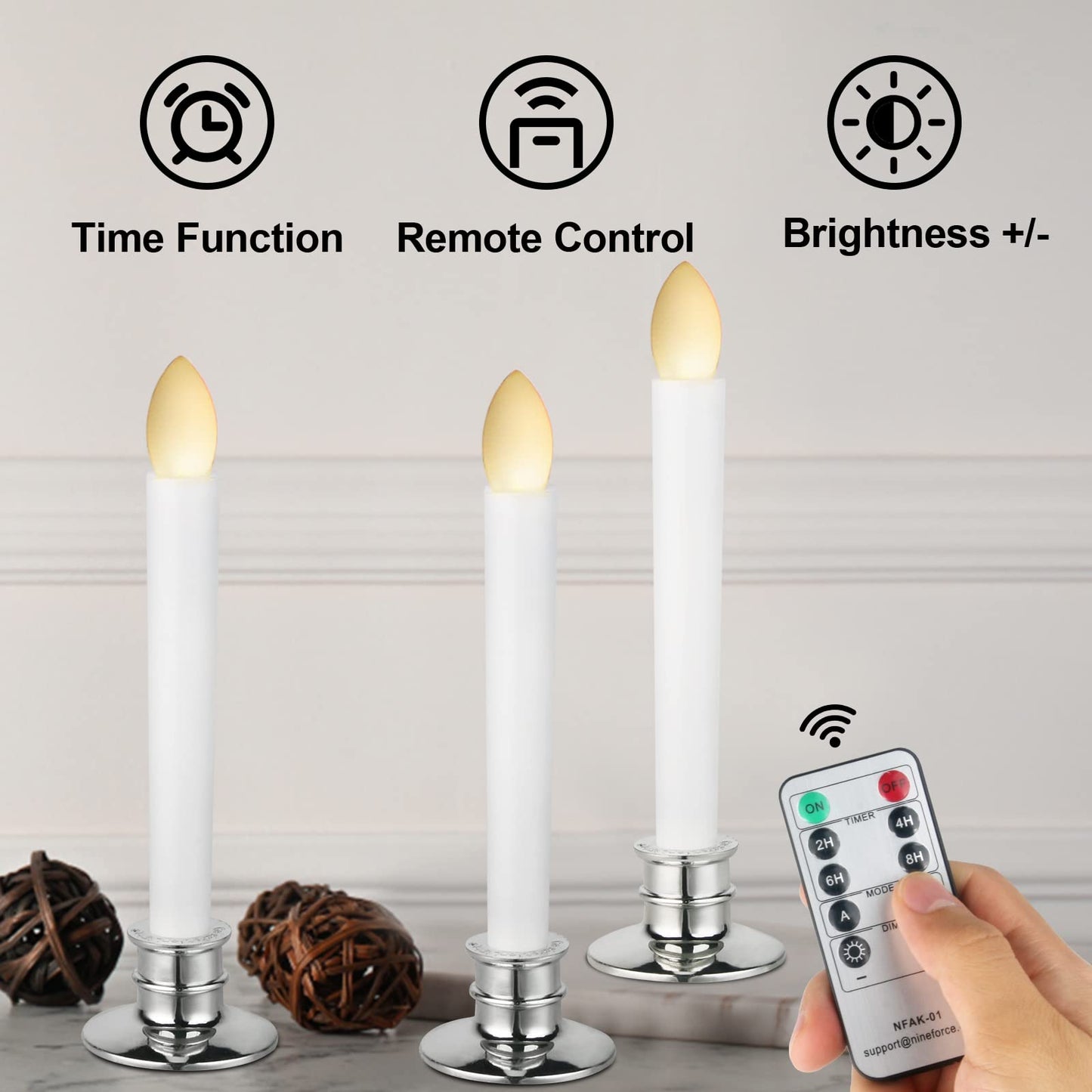 CelebrationLight 10 Pack Flameless Taper Candles with Remote/Timer, Battery Operated Flickering LED Window Candles, Vintage Christmas Electric Fake Candlesticks, Silver Holder