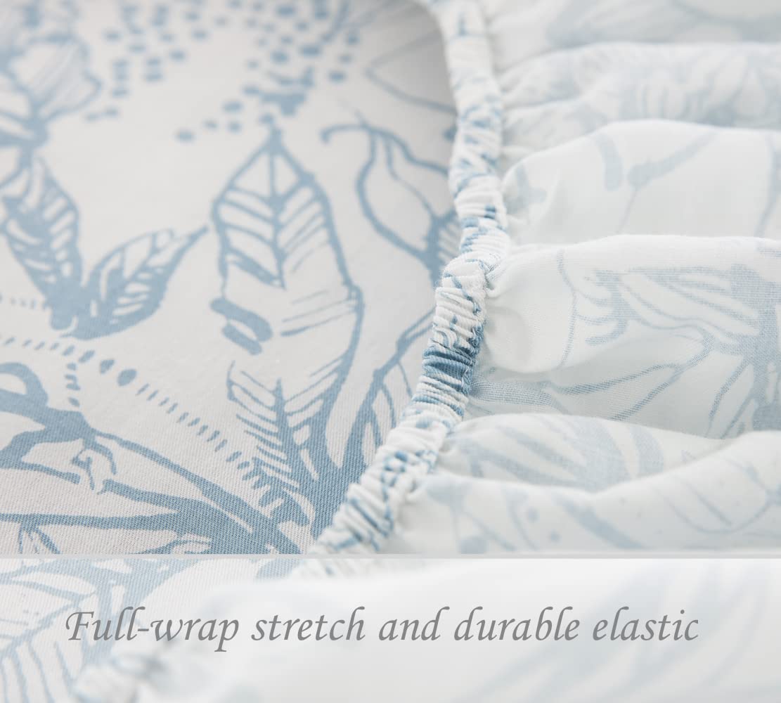 DAUAOTO Cotton Sheets Set Queen Size 4 Pieces Flower Bedding Sets, Aqua Blue Floral Pattern, Up to 14" Deep