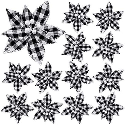 Syhood 12 Pieces Buffalo Plaid Poinsettias Christmas Tree Ornaments Artificial Christmas Flowers with Glitter Powder for Christmas Tree Wreaths Garland Holiday Decorations 6.7 Inch (Black and White)