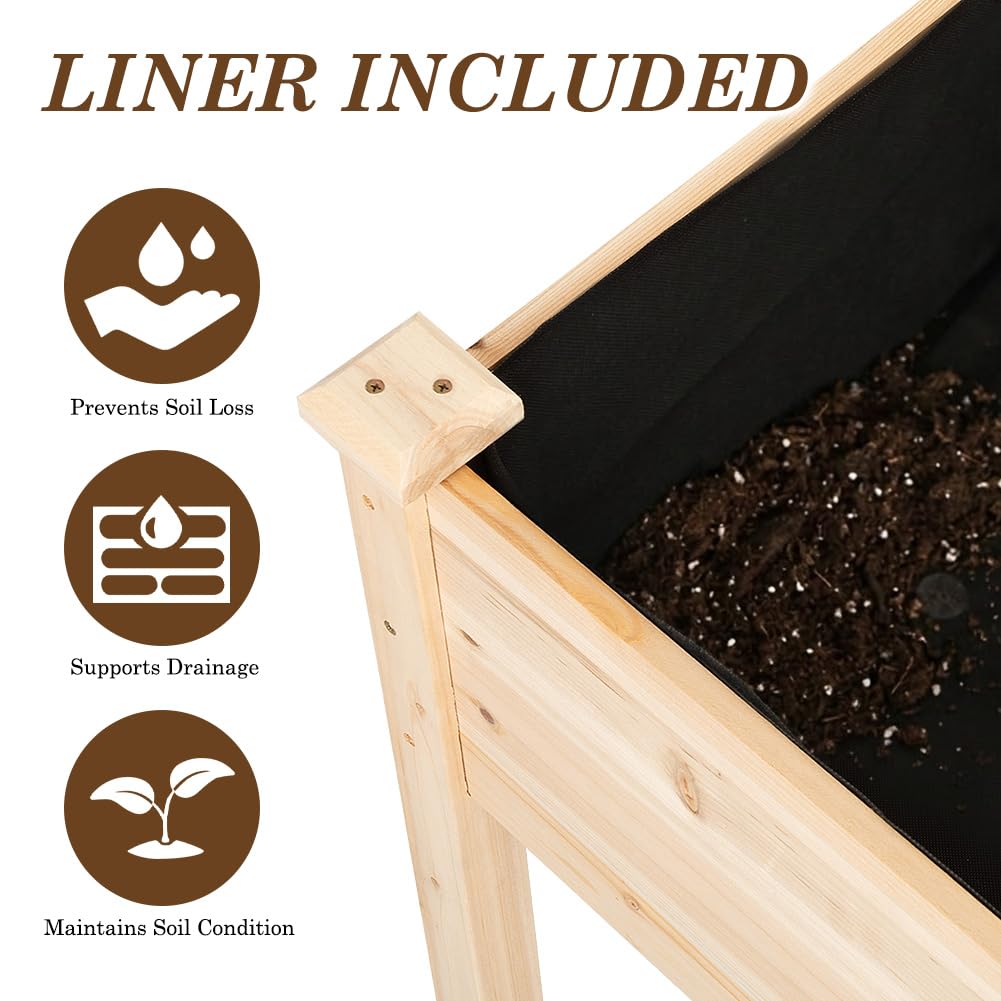 Nature Crafted Raised Garden Bed with Lockable Wheels, 40x24x32 inch Elevated Wood Planter with Storage Shelf Protective Liner for Vegetable Flower Herb Outdoor Balcony Patio Backyard, Natural