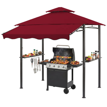 CHARMELEON 8x8 FT Grill Gazebo,Grill Canopy with Big Awning&2 Side Shelves&6 Hooks,Powder-Coated Steel BBQ Shelter for Patio Backyard Outdoor Grilling-Burgundy