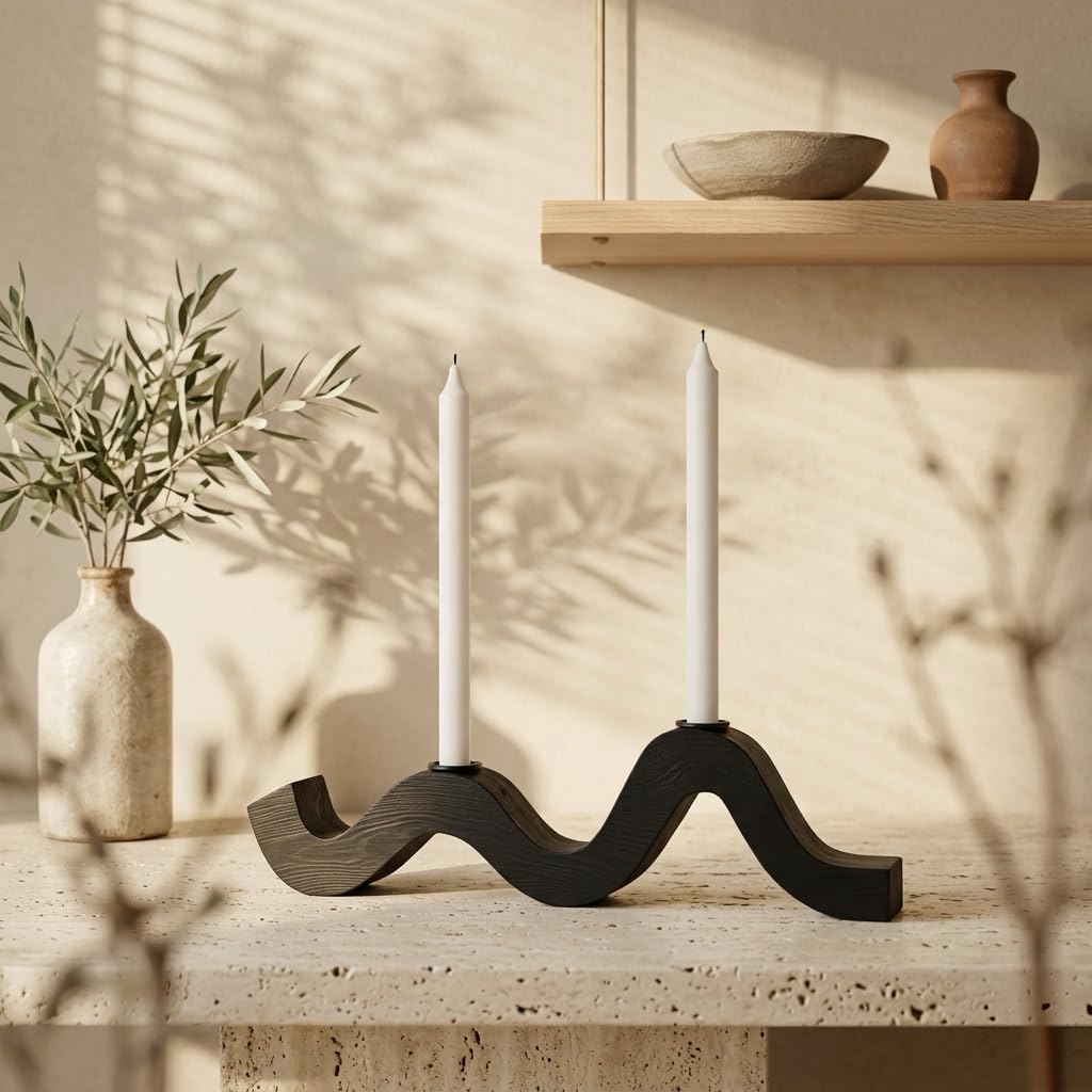 Remenna Balck Taper Candle Holder Modern Wave Candlesticks Wooden Decorative Centerpiece Candle Stands for Table Mantel Wedding Housewarming Gift