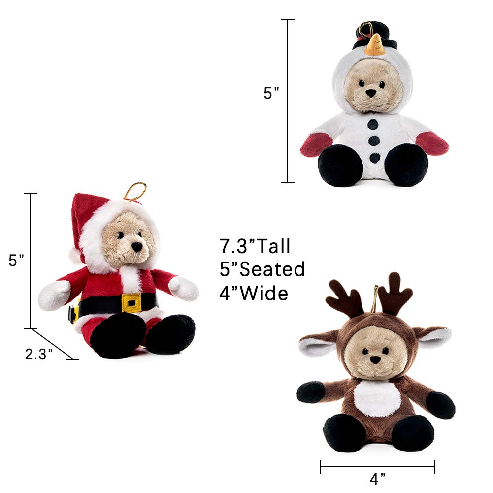 My OLi Christmas Teddy Bears Stuffed Animal 7in Plush Bears with Flippable Hats Pack of 3 : Santa, Reindeer and Snowman Soft Toys for Kids Boys Girls Hanging Decorations for Christmas Trees