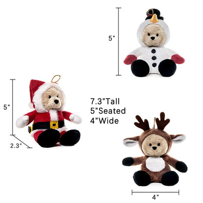My OLi Christmas Teddy Bears Stuffed Animal 7in Plush Bears with Flippable Hats Pack of 3 : Santa, Reindeer and Snowman Soft Toys for Kids Boys Girls Hanging Decorations for Christmas Trees