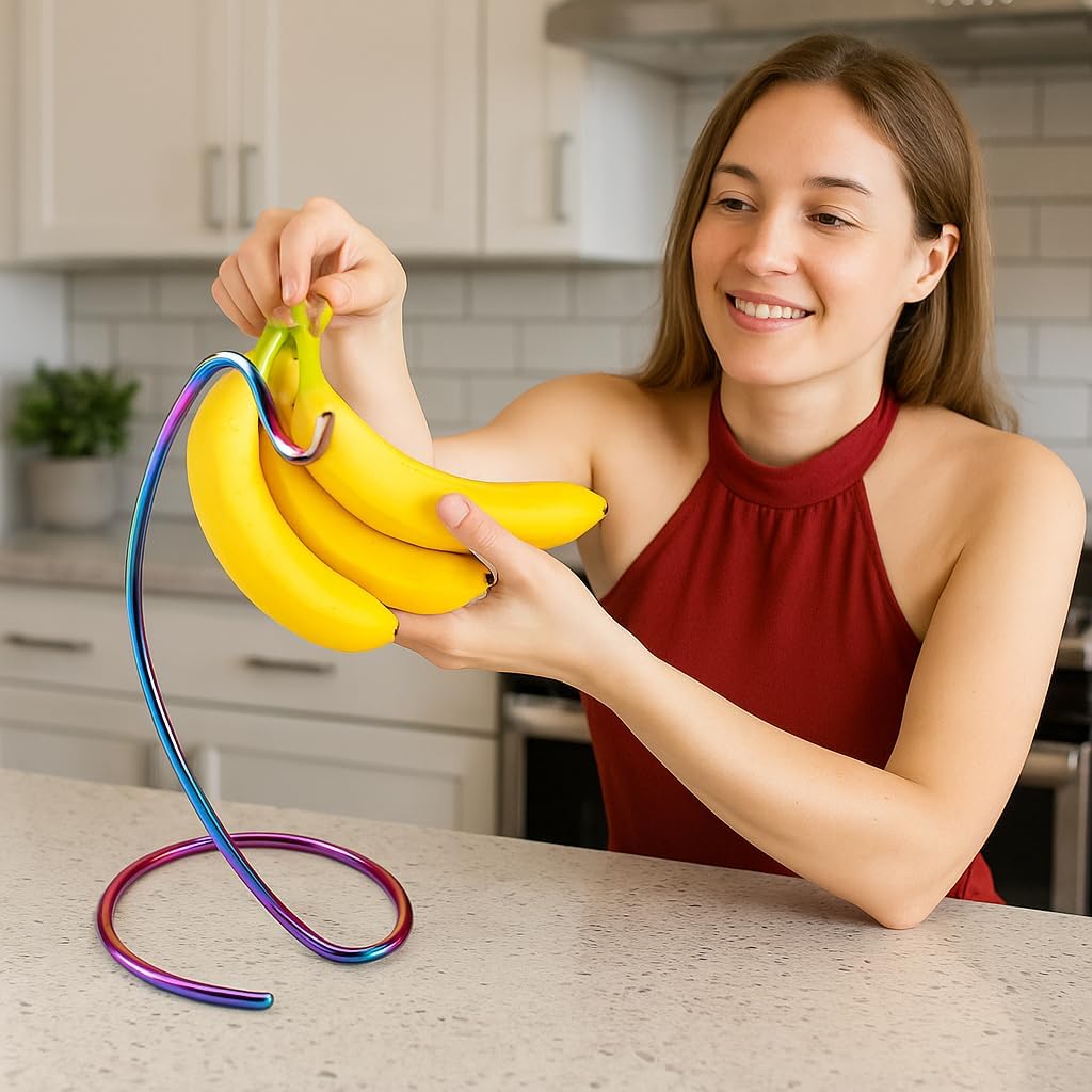 Rainbow Steel Banana Holder Stand – Hanging Fruit Rack for Even Ripening, Prevents Bruising – Compact 13" Kitchen Organizer for Bananas, Grapes, Produce – Durable & Decorative
