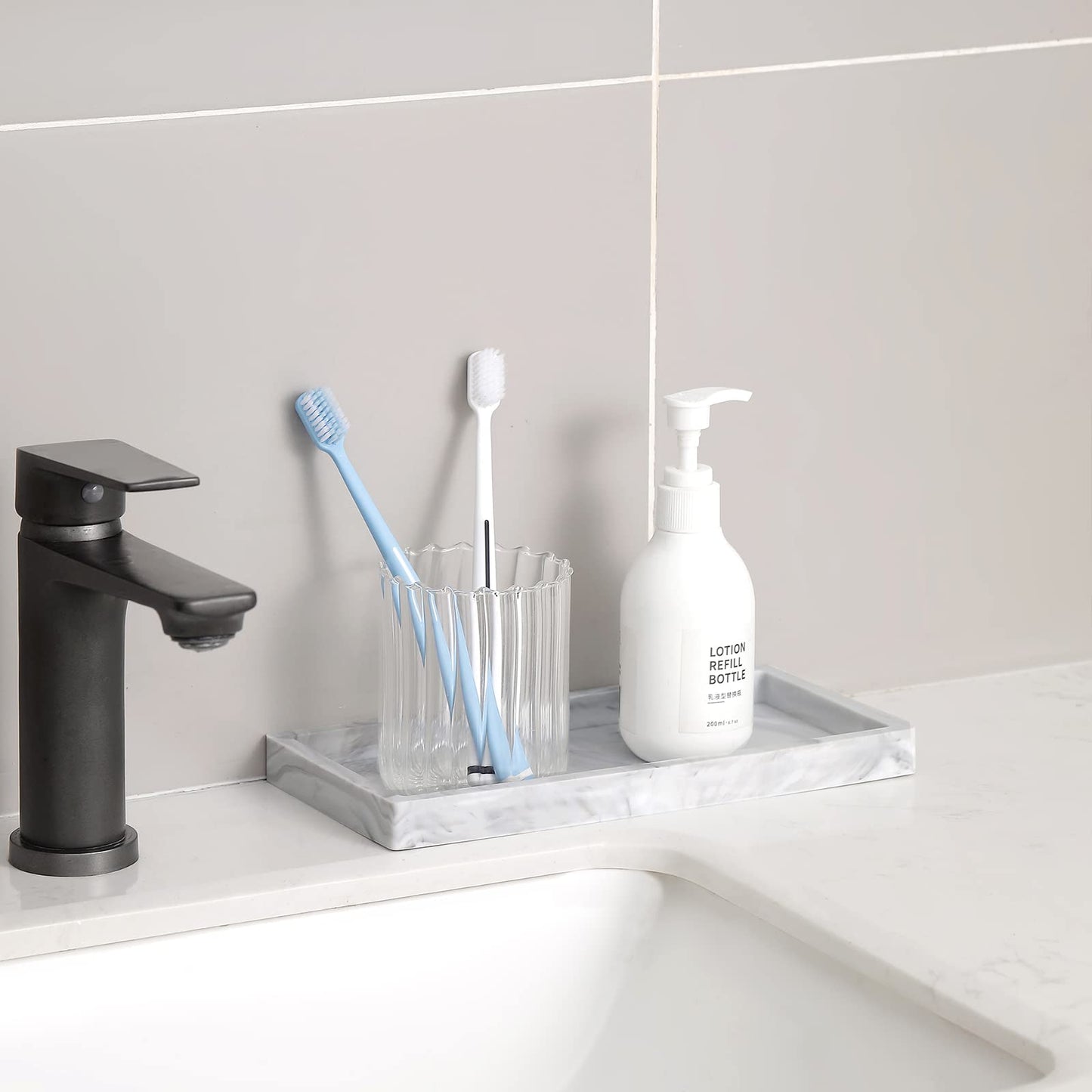 Silicone Bathroom Vanity Tray Dish Soap Holder Sink Organizer, Marble Grey