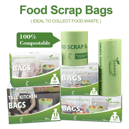 100% Compostable 1.6 Gallon Trash Bags, 6 Liter, 150 Count Kitchen Food Scrap Small Compost Bags for Countertop Bin with Europe EN13432 Certified