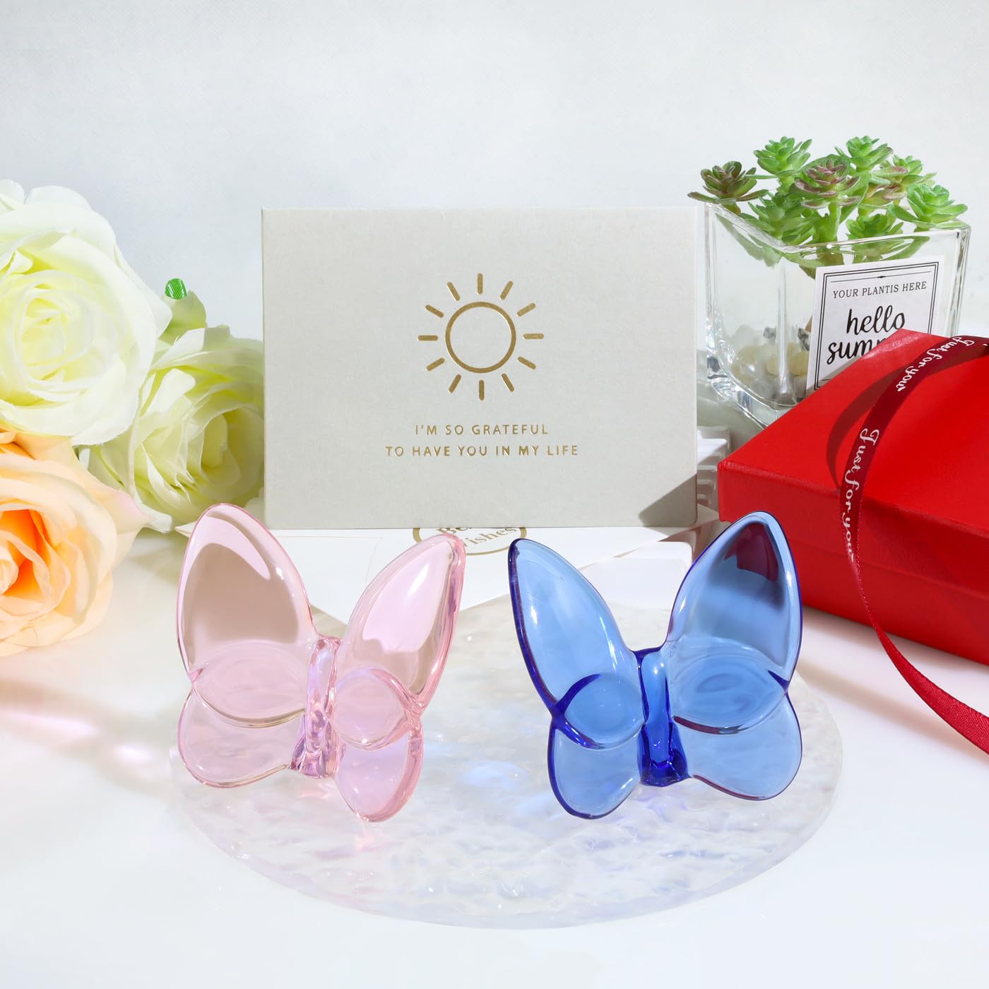 DUQGUHO Butterfly Gifts Decor Blue Butterflies Crystal Glass Figurines Flying Crystal Summer Butterfly Party Favors Collectible Desk Home Bedroom Office Garden Decoration