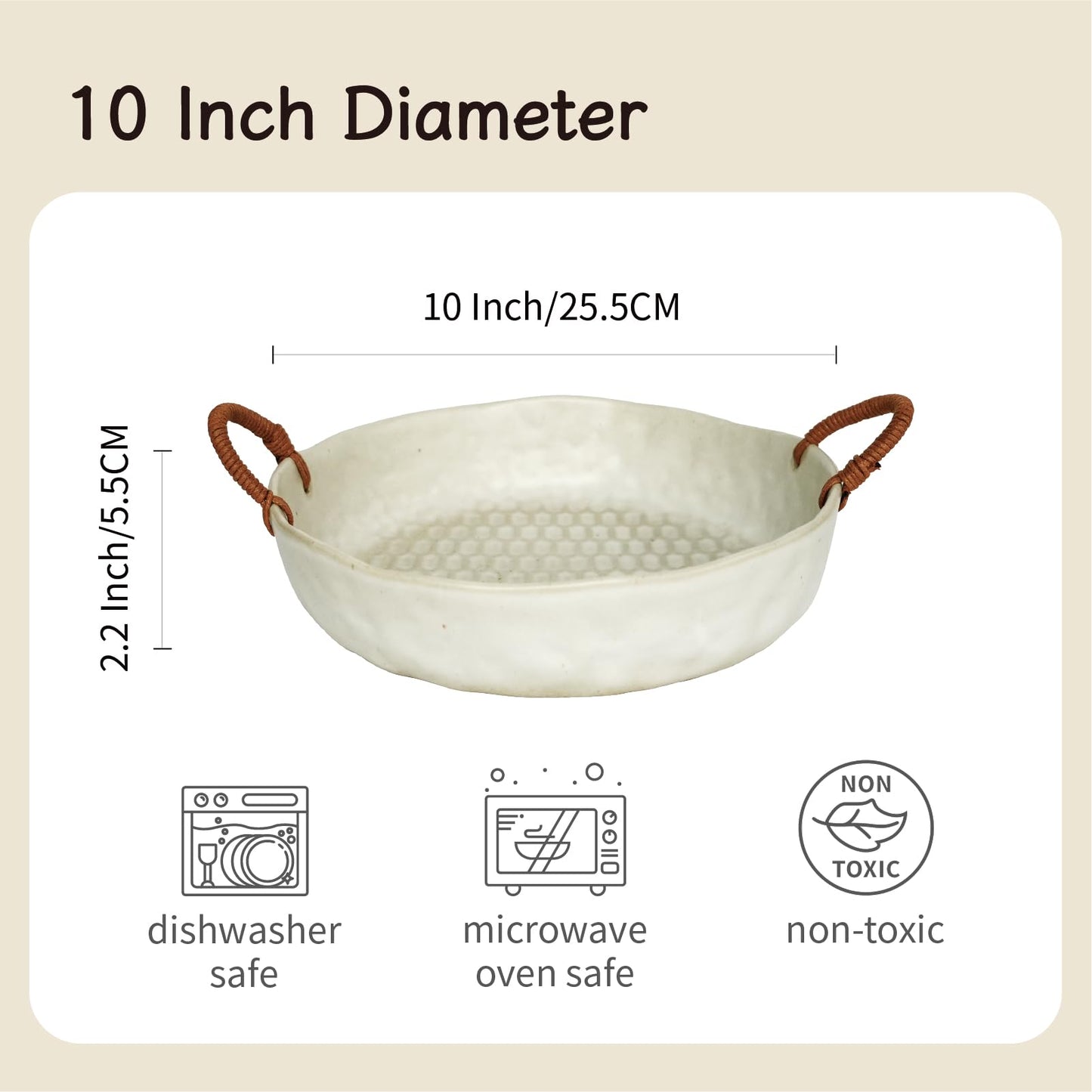 seicasaya 10" Ceramic Fruit Bowl with Woven Handles - Rustic Serving Dish with Speckled Glaze - Handcrafted Decorative Centerpiece Tray for Kitchen Counter (White, 10 Inch)