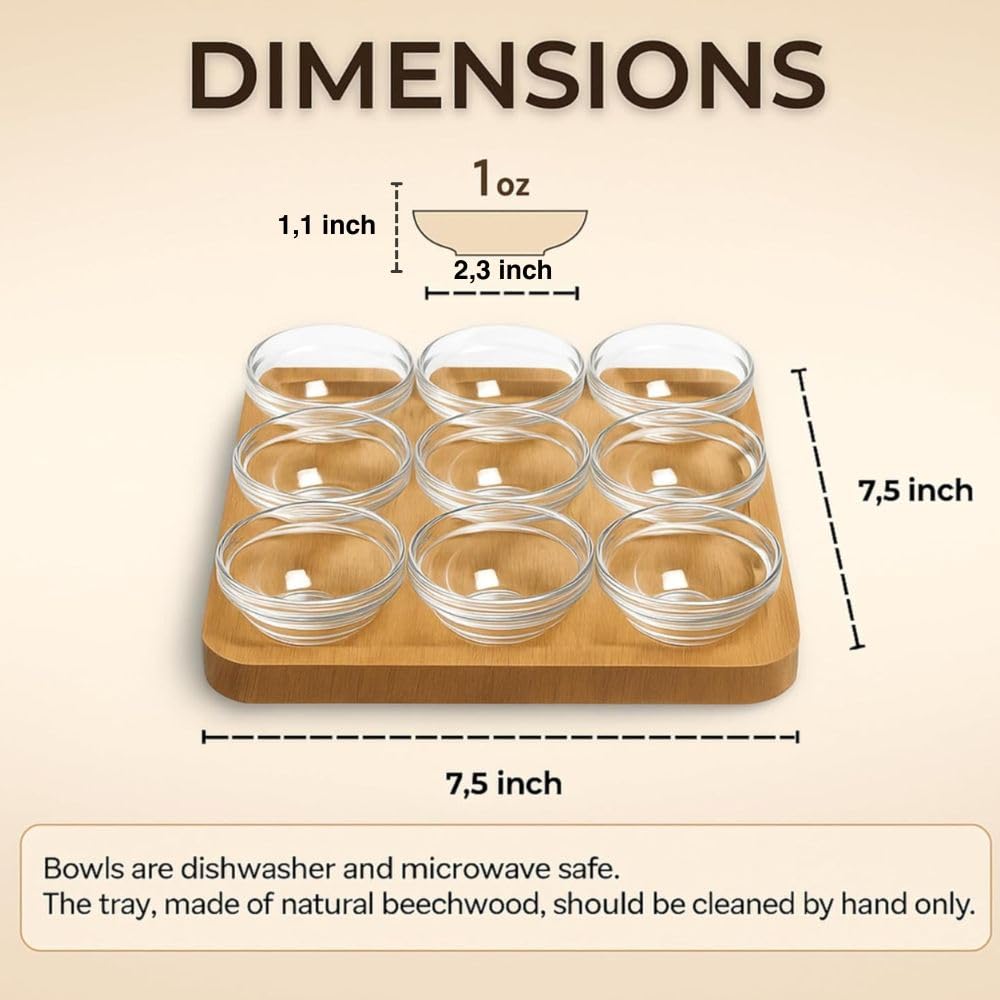 JO! Small Glass Bowls Set with Wooden Serving Tray - Set of 9 Mini Glass Dipping Bowls (1 oz) with Charcuterie Board - Ideal for Party, Snacks and Condiment - Dishwasher & Microwave Safe