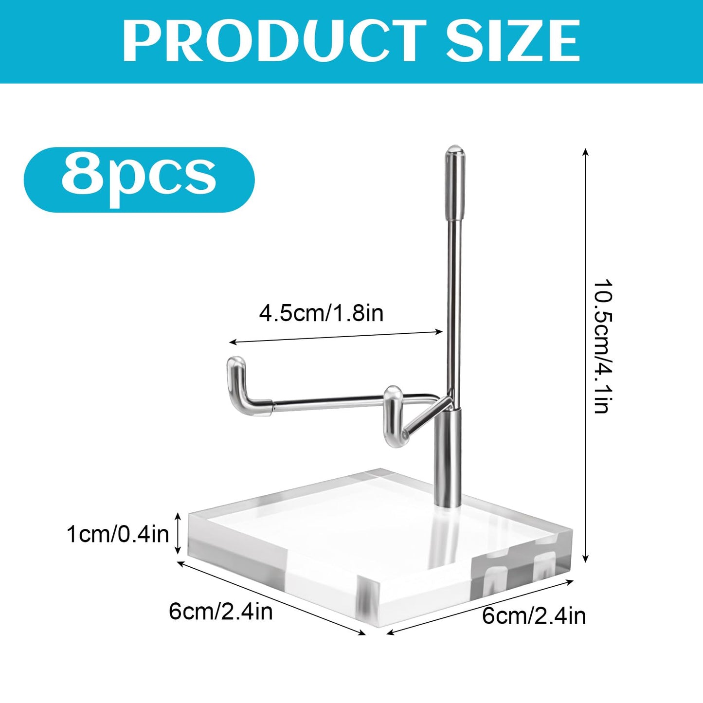Tolare 6 Pcs Rock Display Stand with Acrylic Base, Adjustable Metal Arm Crystal Display Stand, Silver Small Holder for Gemstones, Fossils, Crystal, Minerals, Agate(2.4 X 2.4 X 4.1 Inches)