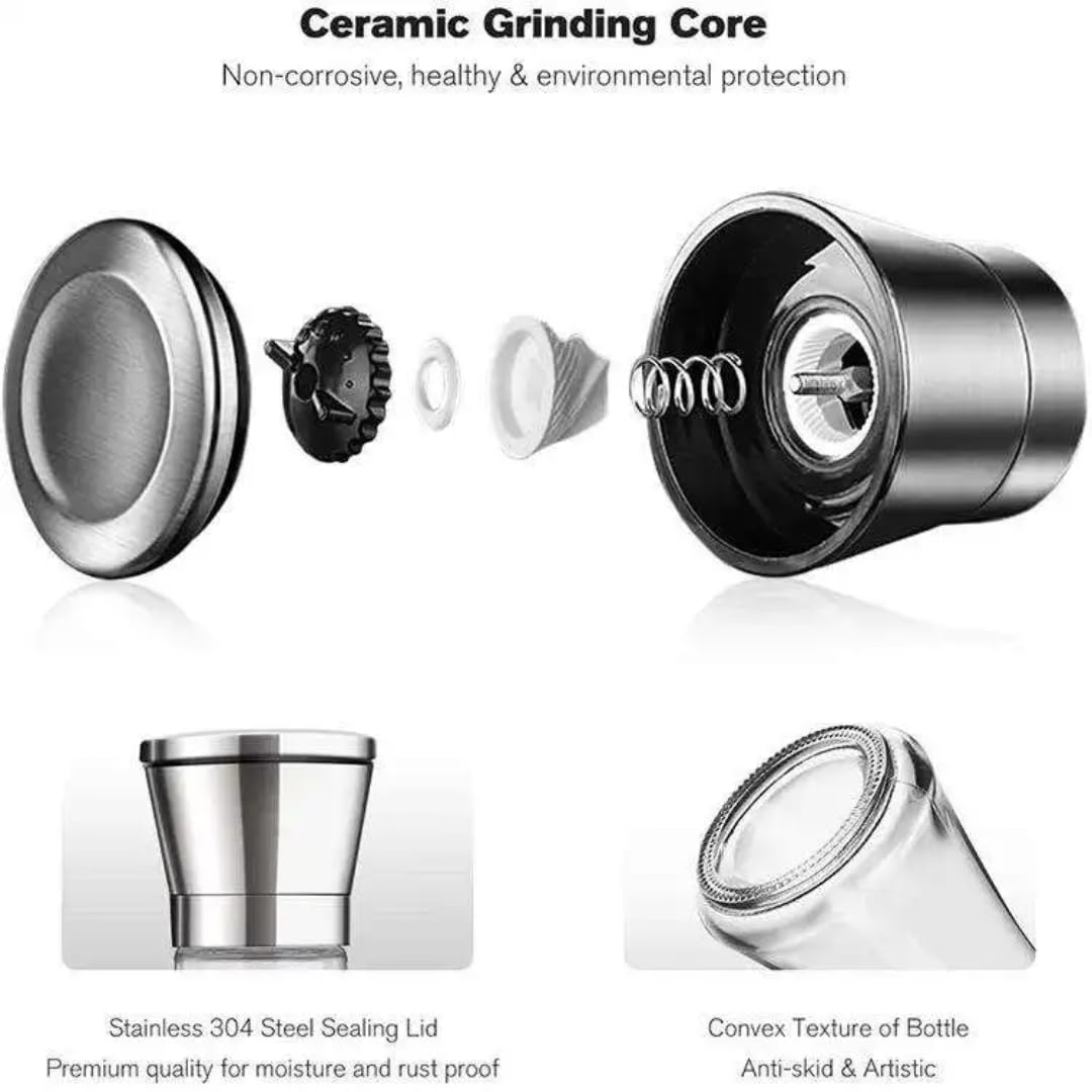 Salt and Pepper Grinder Set of 2 – Refillable Salt Grinder & Pepper Grinder Manual, Adjustable Ceramic Grinder, Glass Pepper Mill Grinder
