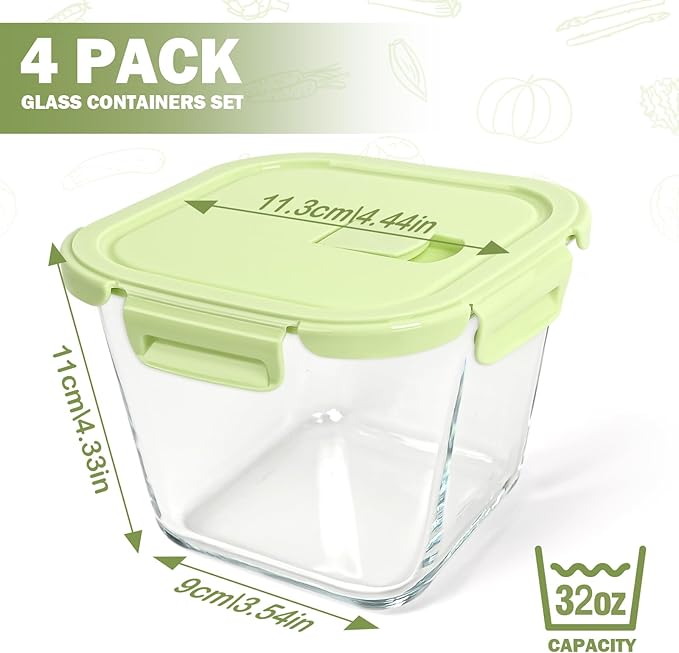 Glass Soup Containers with lids 4 Cup, 32 oz Glass Storage Containers, Tall
