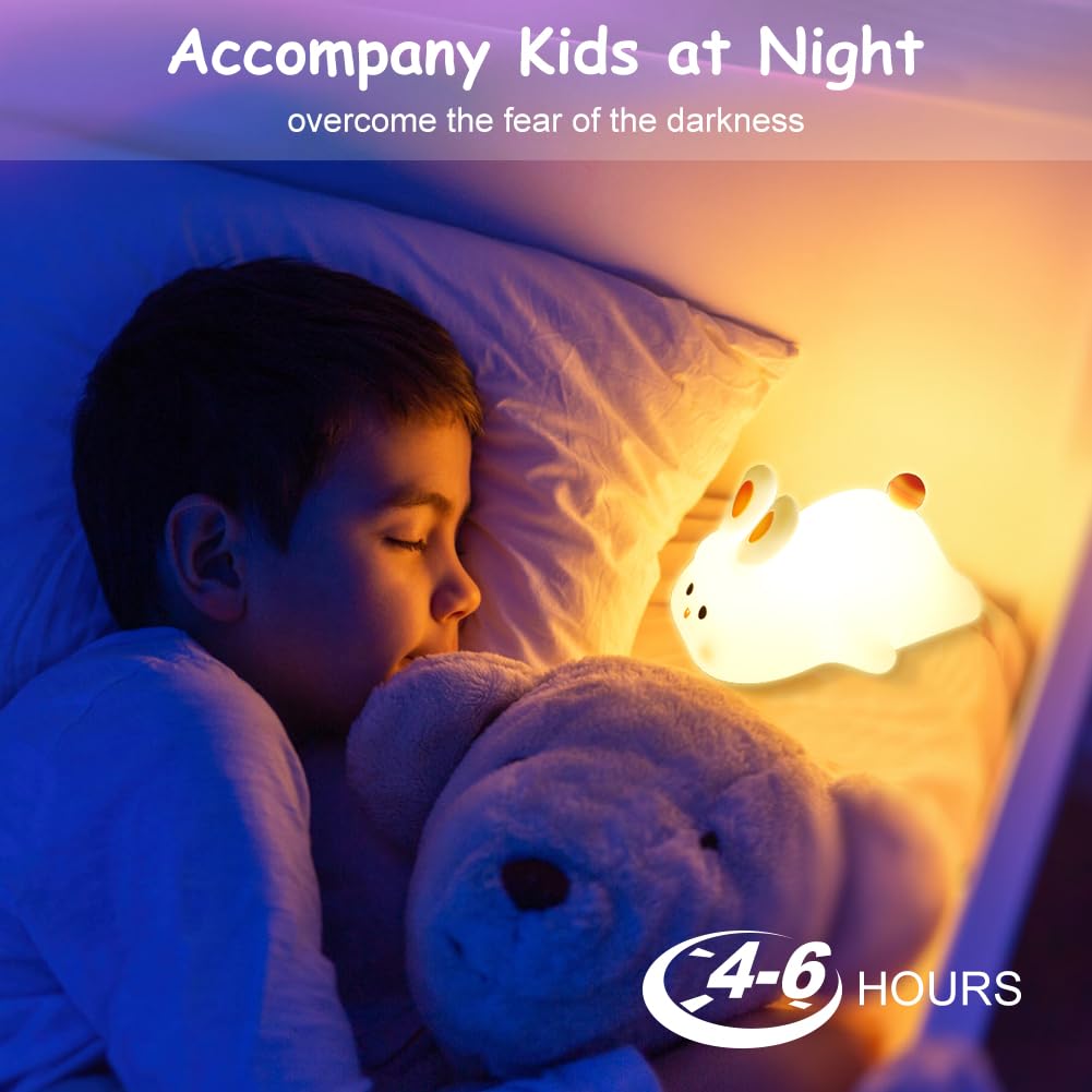 URAQT Bunny Baby Night Light, Portable LED Baby Night Light Kids Night Lamp, USB Chargeable Battery Silicone Kawaii Babys Sleep Lights for Children Kids Baby Boy Gifts Cute Room Decor Bedroom Decor