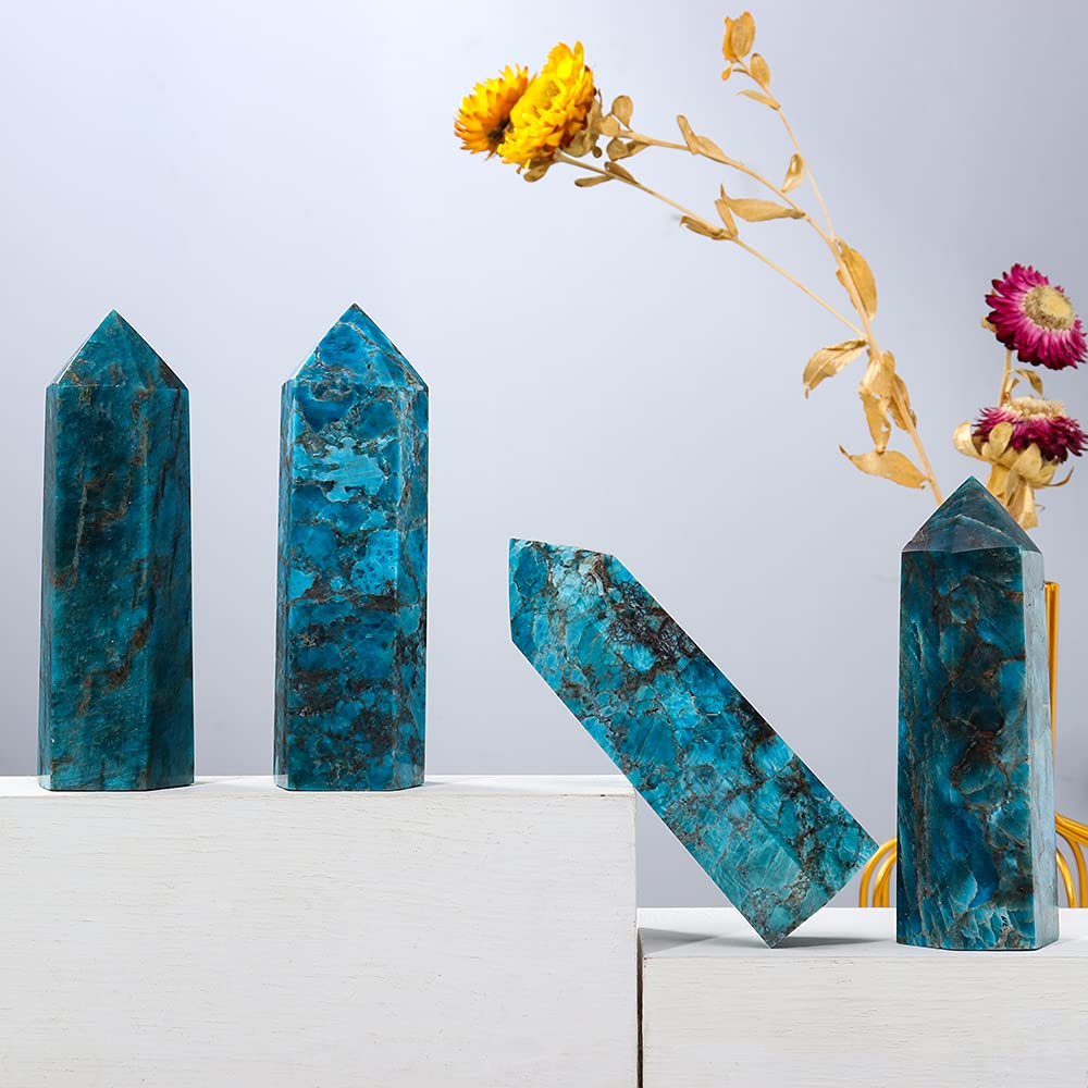 Runyangshi Large Blue Apatite Natural Healing Crystal Wand 4.72"-5" Crystals Tower 6 Faceted Single Point Crystal Prism Wand Natural Stones for Meditation Reiki Chakra Therapy Home Decor Gift