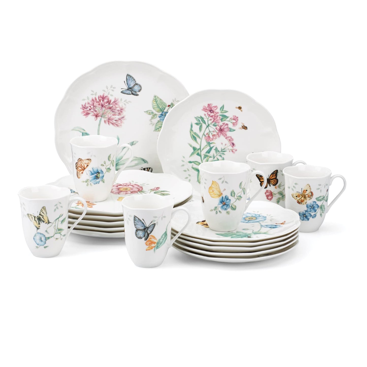 Lenox Dinnerware Set, Butterfly Meadow 18-Piece Set, Service For 6, White Porcelain, Butterfly And Flower Designs, Plates And Bowls Sets, Dishwasher Safe, Home & Kitchen (Assorted, 18 Pieces)