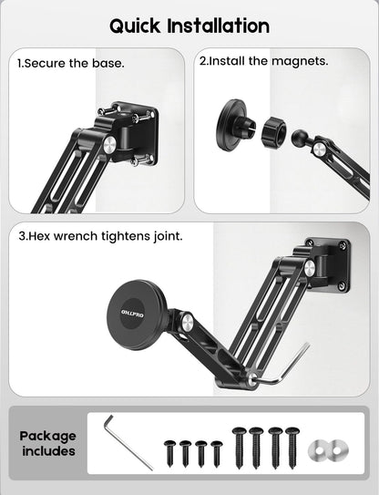 OHLPRO Magnetic Tablet Wall Mount, iPad Wall Mount Holder with 360° Rotating 2-Stage Foldable Aluminum Arm, MagSafe Compatible for Phones and Tablets, for Kitchen, Gym, Office, Home