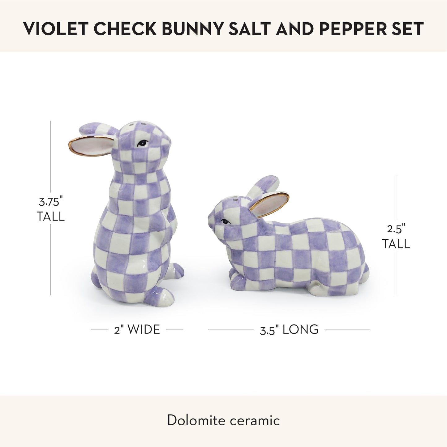 MACKENZIE-CHILDS Set of 2 Ceramic Salt and Pepper Shakers, Kitchen Table Accessories, Purple-and-White Violet Check Bunny