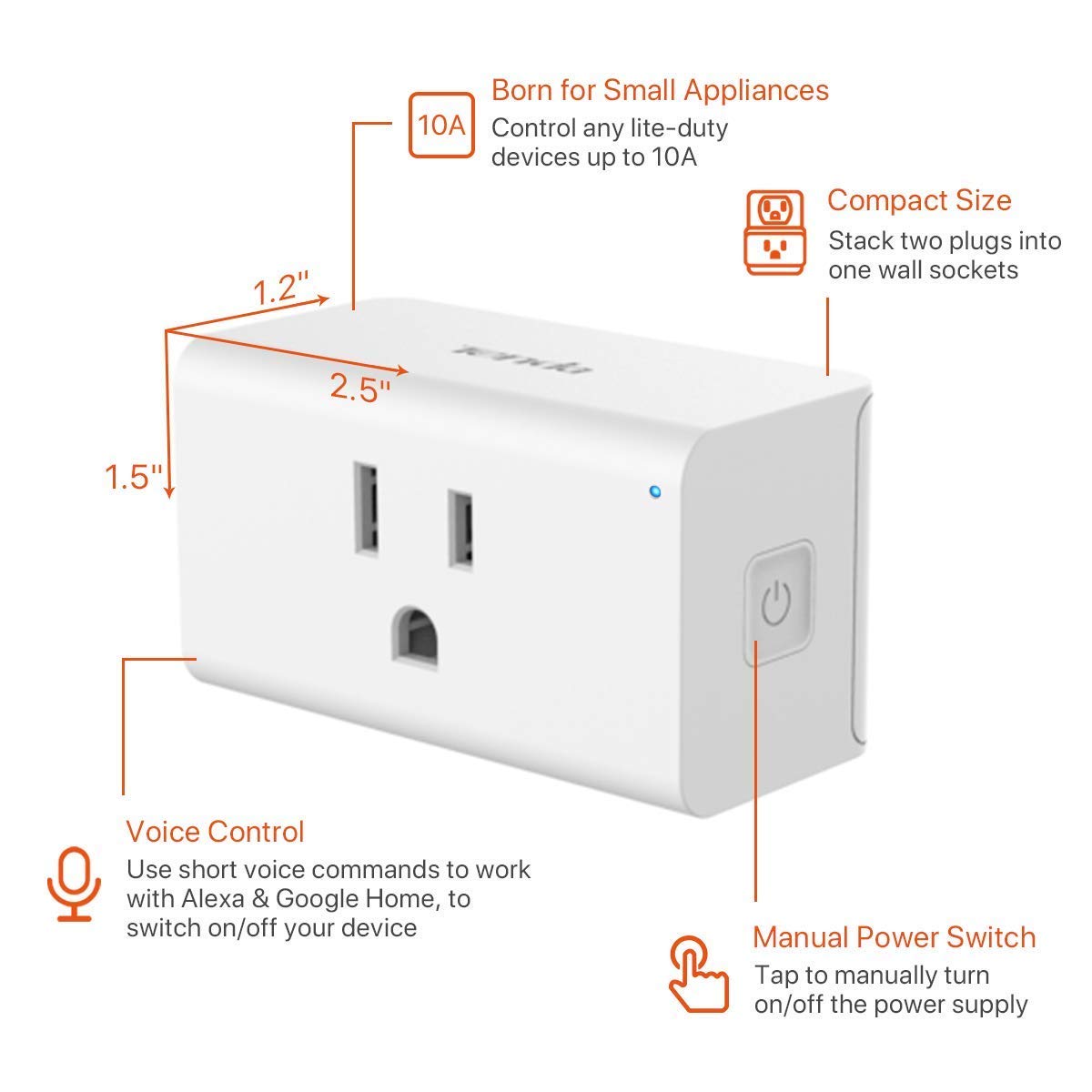 TENDA SP6 Smart Plug WiFi Outlet Switch, Works with Alexa & Google Assistant for Voice Control, Remote Control via App, Timer & Schedule Function, 15A Easy Install, Compact Design, FCC ETL Certified