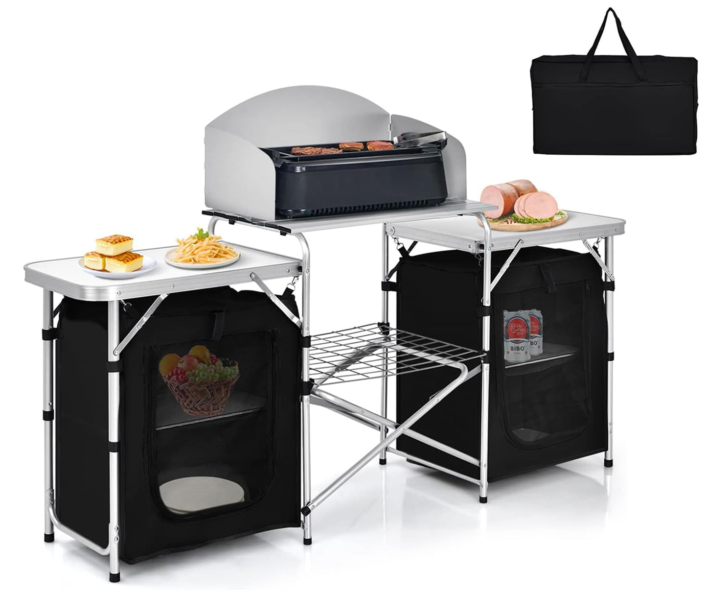 GYMAX Folding Camping Table, Portable Kitchen Table with 2 Zipper Organizer Shelf & Wind Screen, Foldable Cooking Table for Camping Hiking Picnic BBQ (Black)