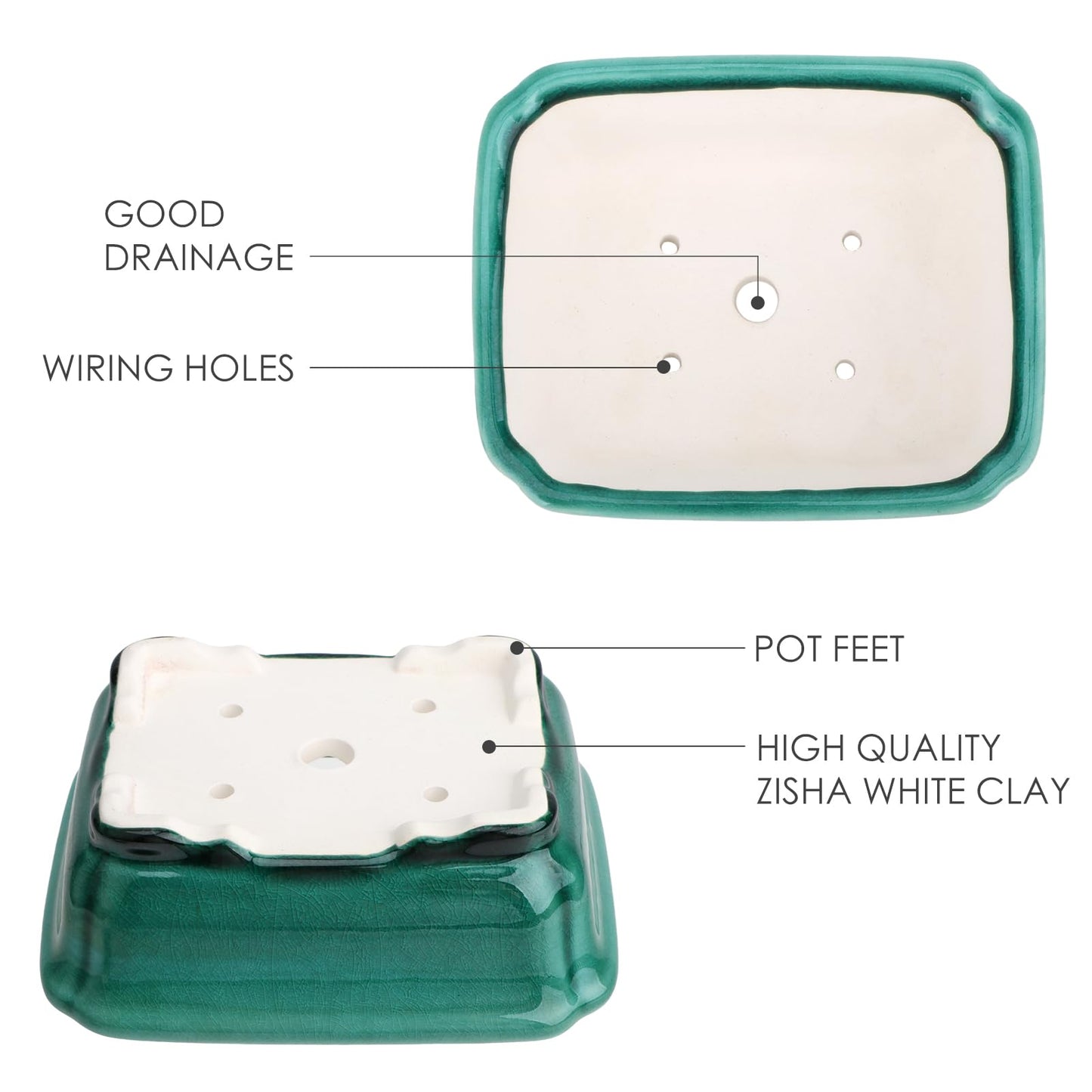 Set of 2 Zisha White Clay Bonsai Pot Glazed Shallow Succulent Planter Green