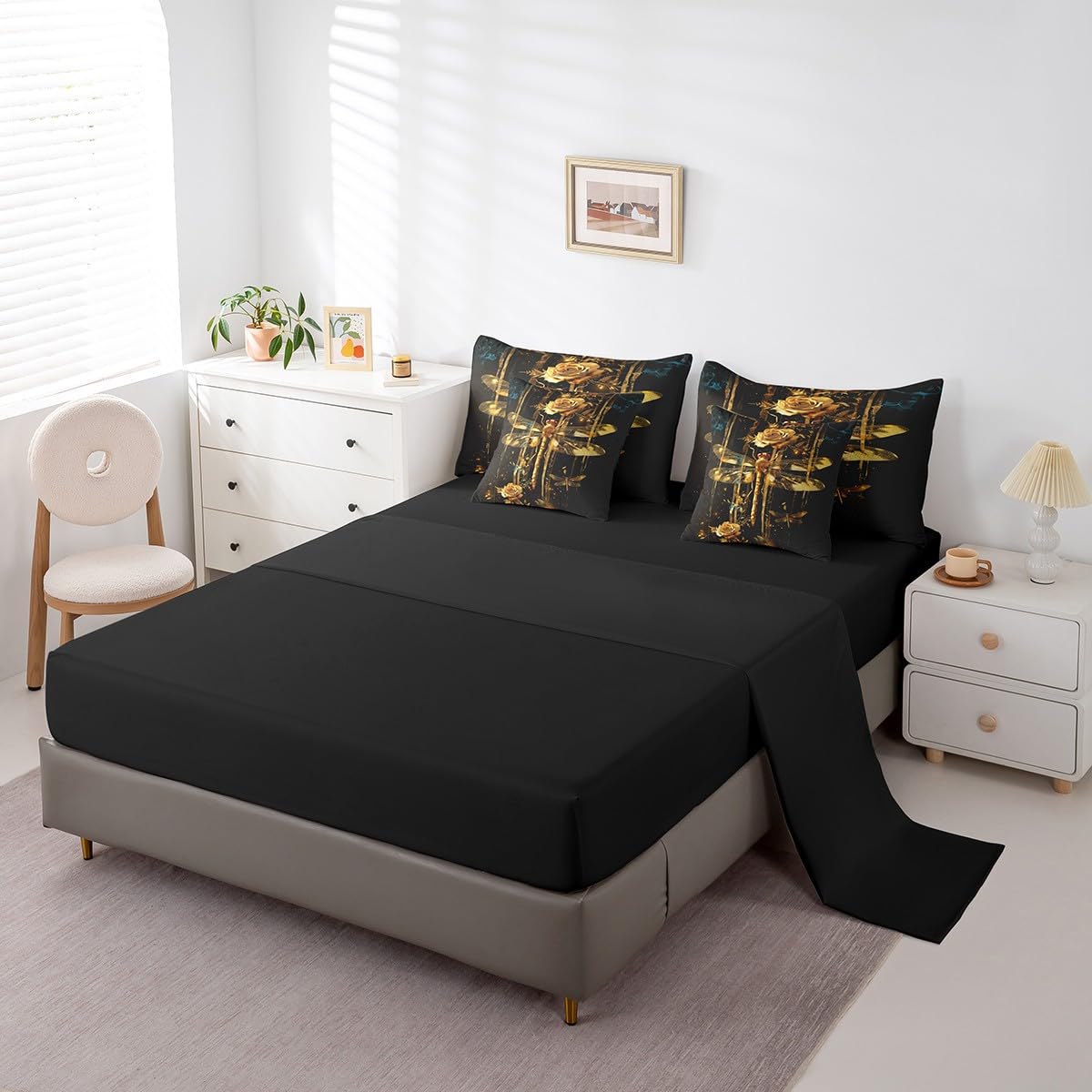Erosebridal Golden Dragonfly Comforter Set Queen,Romantic Yellow Rose Floral Bed in a Bag,Dragonflies Bedding Set 7Pcs for Boys Girls Women,Wildlife Safari Animal Quilt
