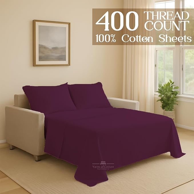 Sleeper Sofa Bed Sheet, 100% Cotton 400 Thread Count, 4 Piece Set, Deep Pocket