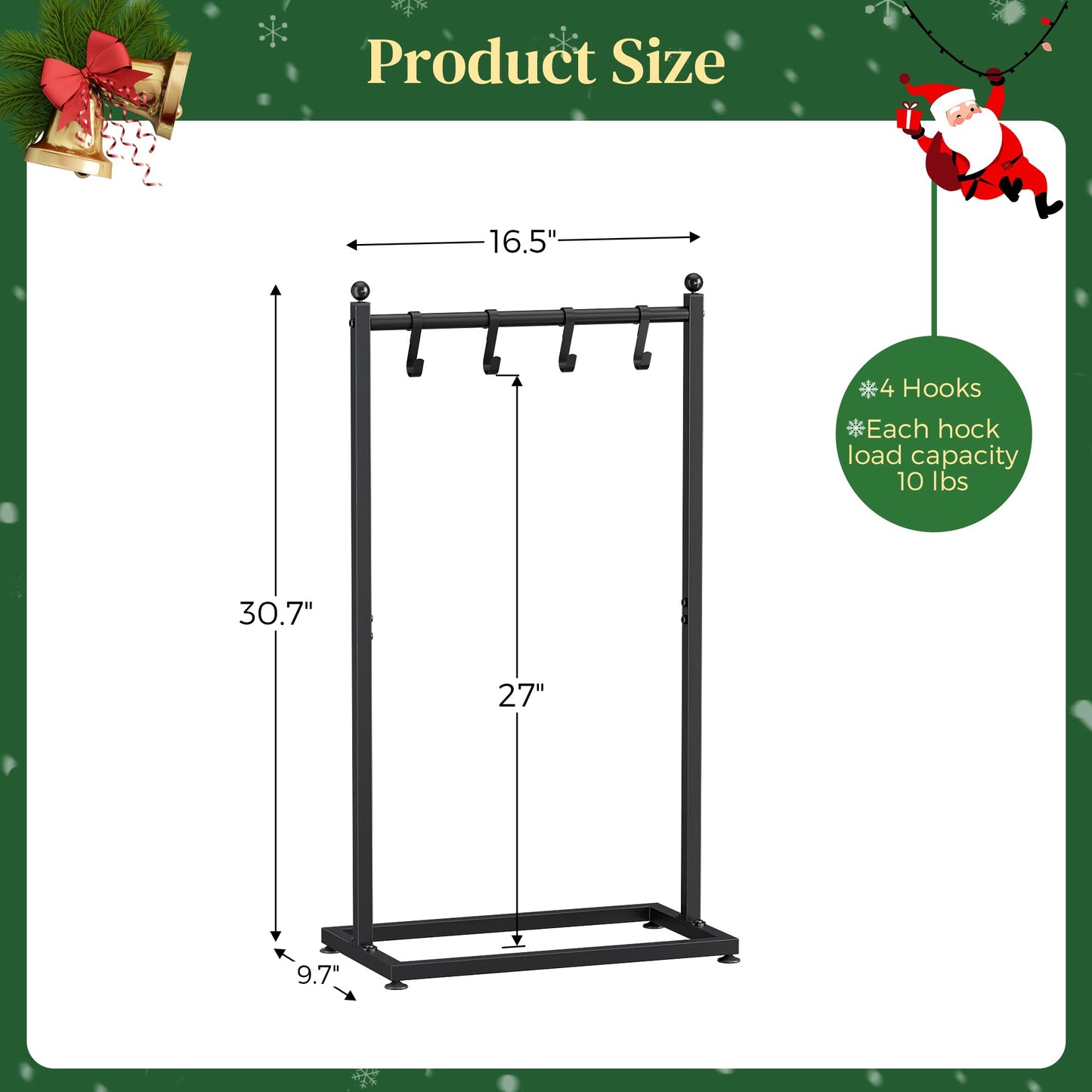 LAND·VOI Christmas Stocking Holder for Floor, Free Standing Metal Stocking Hanger with 4 Removable Hooks, Stable Base & Adjustable Feet, Black