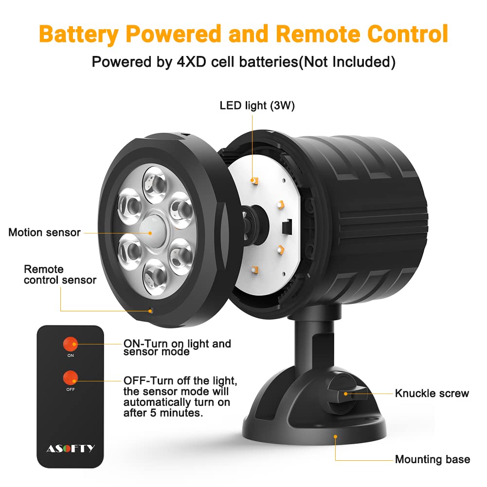 Security Lights Outdoor Motion Sensor, ASOFTY 6 LED 1000 Lumen PIR Wireless Spotlights with Remote Control, IP65 Waterproof 6000K Motion Flood Light for Garage Yard Porch and Patio