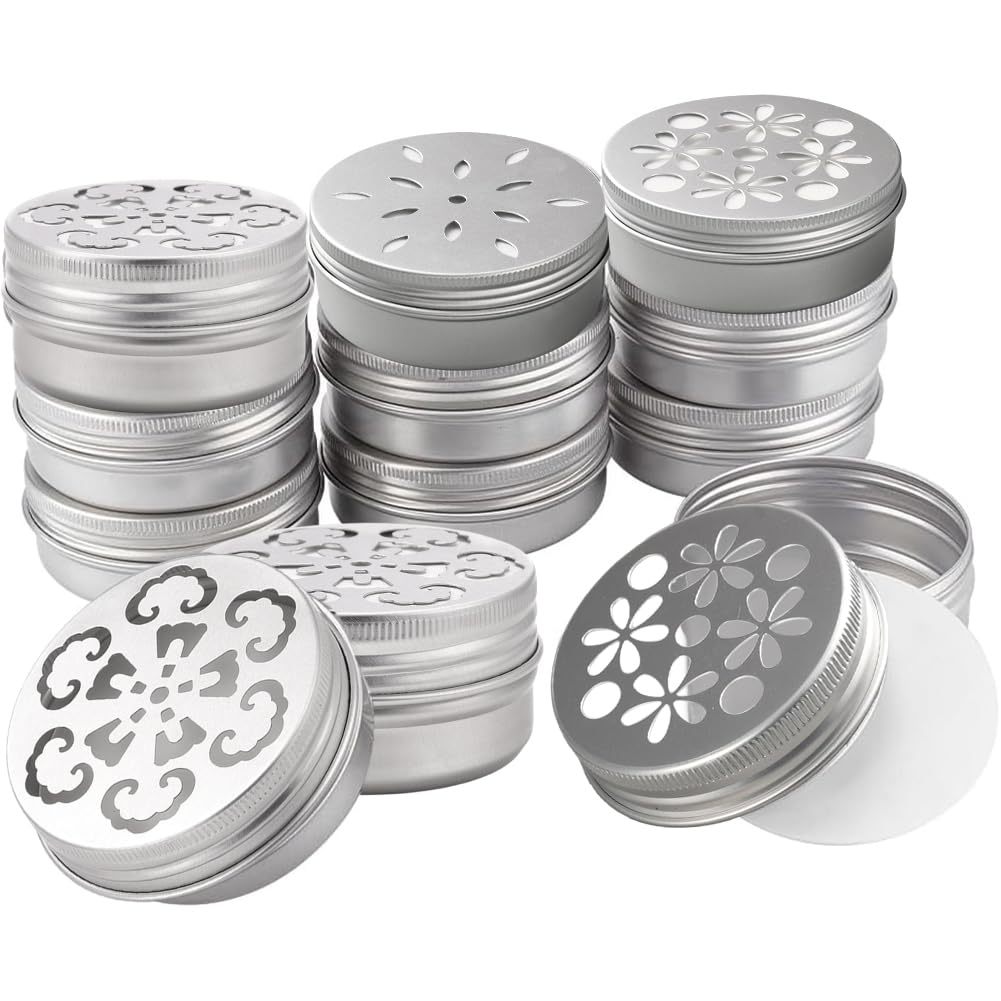 PH PandaHall 12pcs Air Freshener Tins 3 Style Scent Beads Container 2 Ounce Aluminium Metal Container Empty Storage Tins with Hollow Lids for Aromatherapy Air Freshener Travel Storage 2.68x1.36 inch